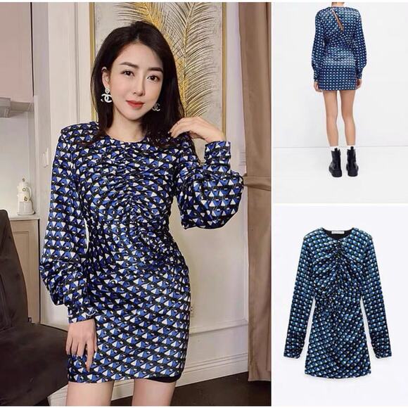 ZARA BLOGGER FAVORITE GEOMETRIC PRINT DRESS BLUISH - Picture 3 of 11